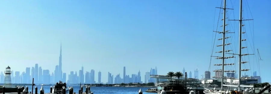 Marina and skyline view at Dubai Creek Harbour, a waterfront community of newly built towers