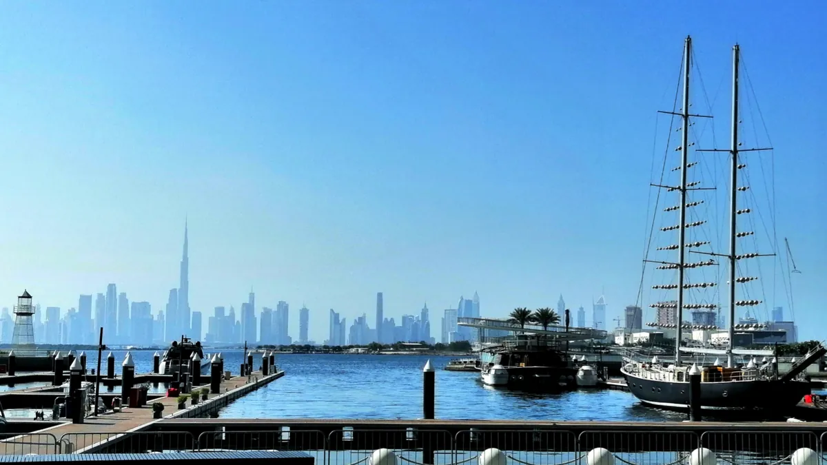 Marina and skyline view at Dubai Creek Harbour, a waterfront community of newly built towers