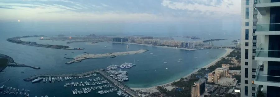 Dubai Marina towers and Palm Jumeirah, illustrating a Dubai mortgage for non residents
