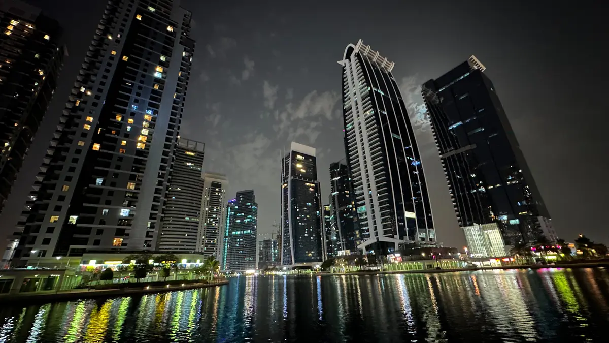 Free zone audited accounts UAE: Jumeirah Lakes Towers at night, Dubai