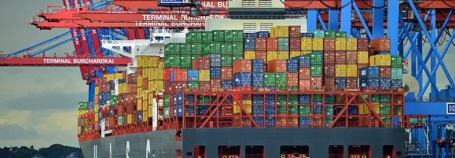 Container ship Jebel Ali loading at a terminal, an example of importing goods into Dubai by sea