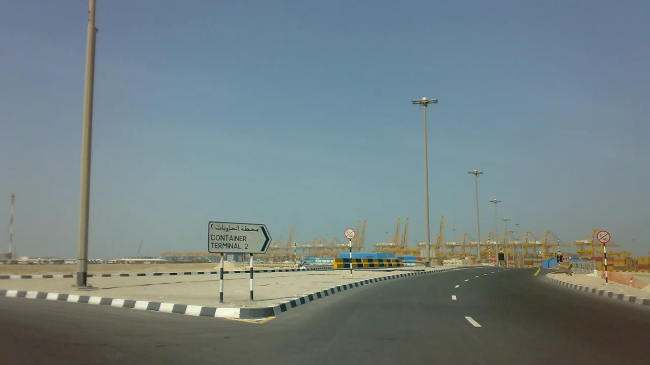 Re-export from the UAE: the road to Container Terminal 2 at the Jebel Ali port and free zone area, Dubai