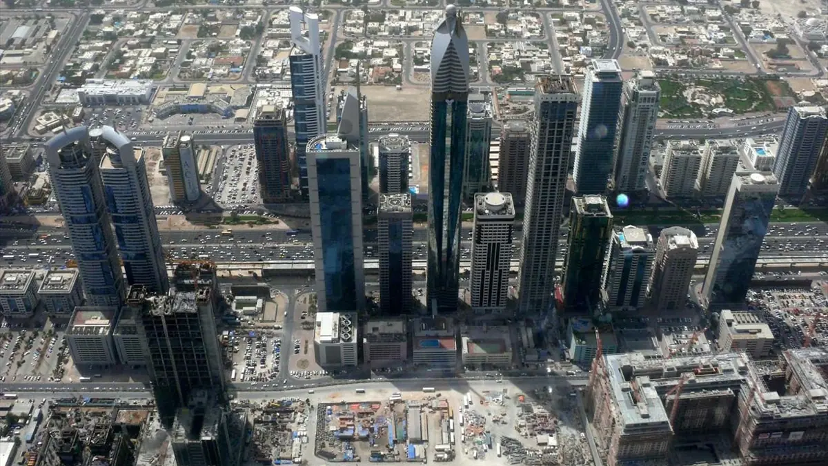 Sole establishment vs LLC UAE: aerial view of office towers along Sheikh Zayed Road in Dubai, where many mainland LLCs are based