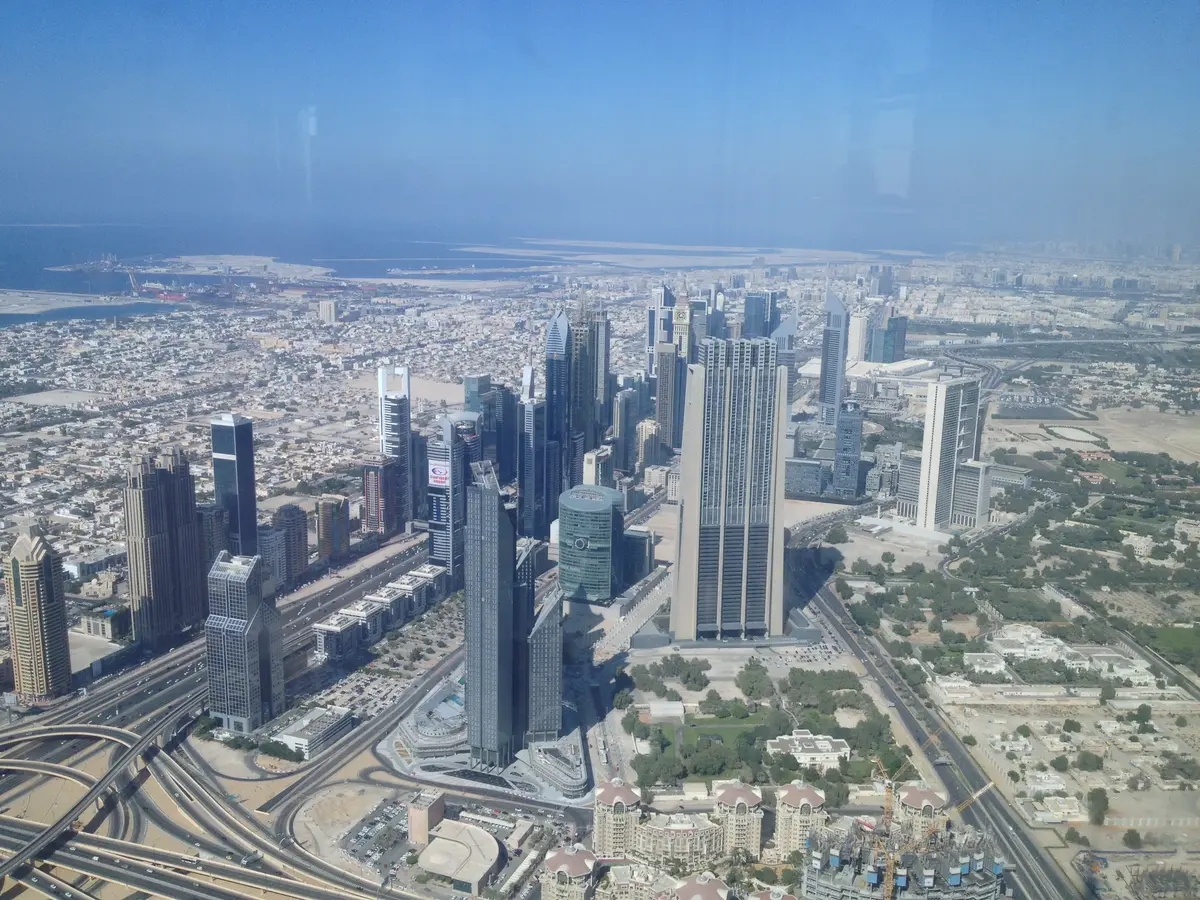 Aerial view of DIFC and Sheikh Zayed Road in Dubai, illustrating the UAE corporate tax registration deadline for new companies