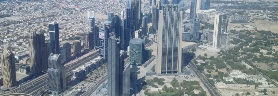 Dubai skyline around DIFC seen from above, the business district where UAE e-invoicing rules apply