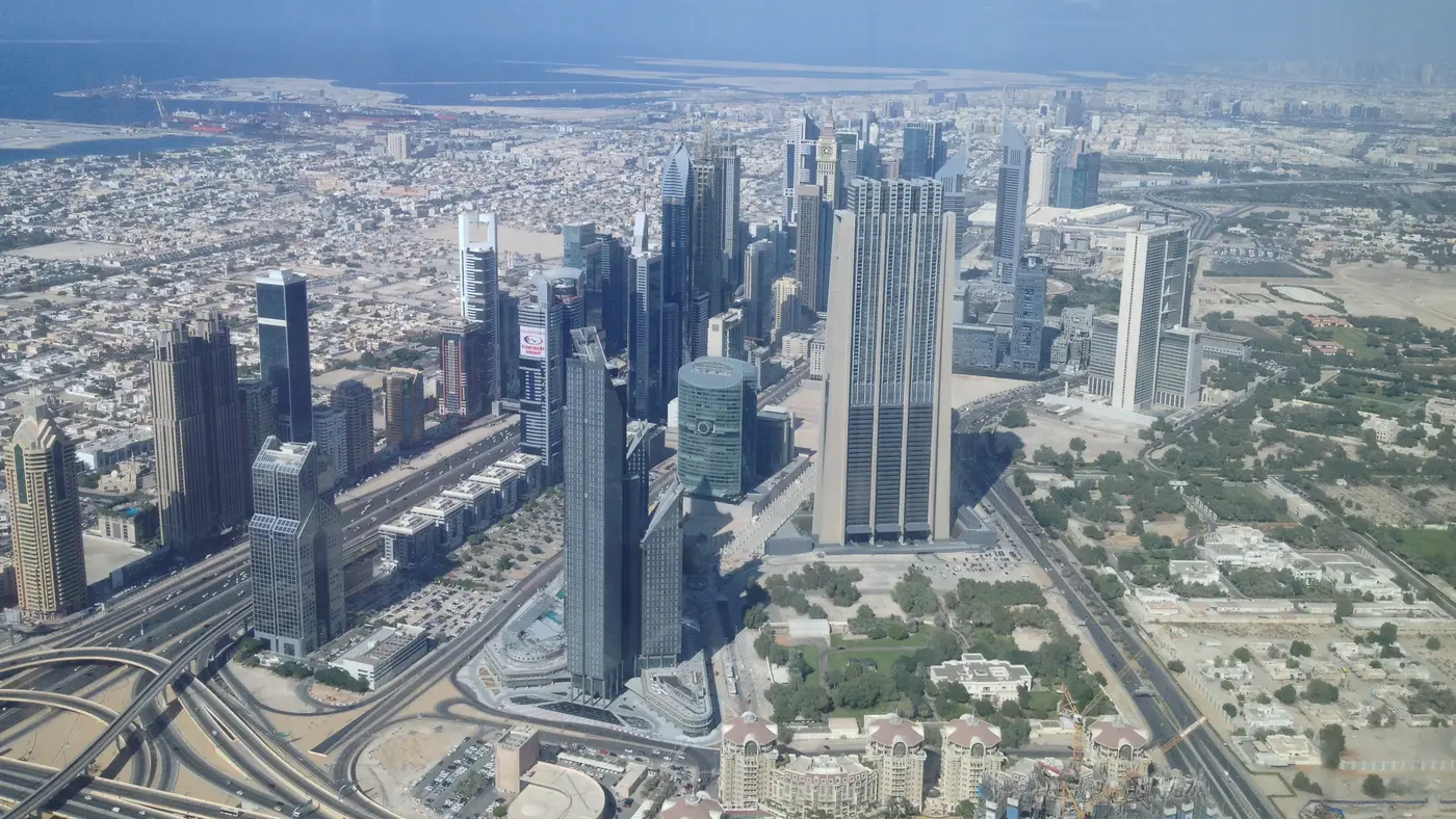 Dubai skyline around DIFC seen from above, the business district where UAE e-invoicing rules apply