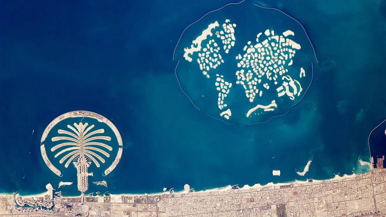 Satellite view of Palm Jumeirah and the World islands: villa vs apartment in Dubai starts with the land each type sits on